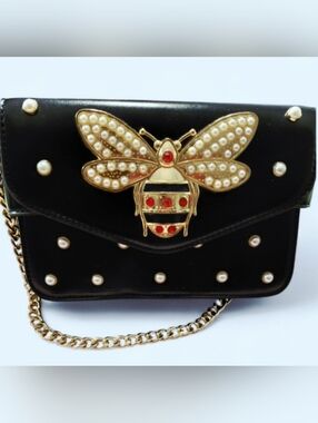Beatful Black Embellished Purse with Gold Bee & Pearl Accents